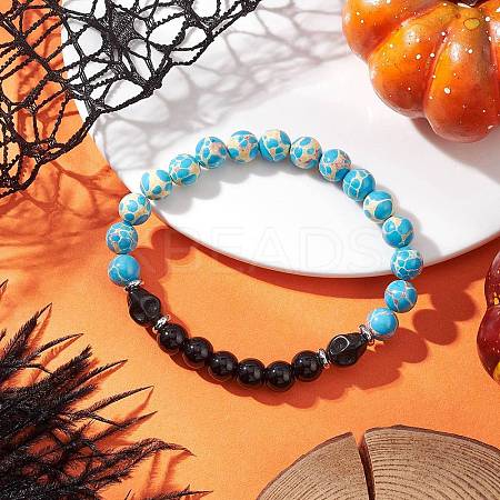 Synthetic Imperial Jasper & Turquoise & Painted Glass Beaded Stretch Bracelet for Women Men BJEW-JB12500-01-1