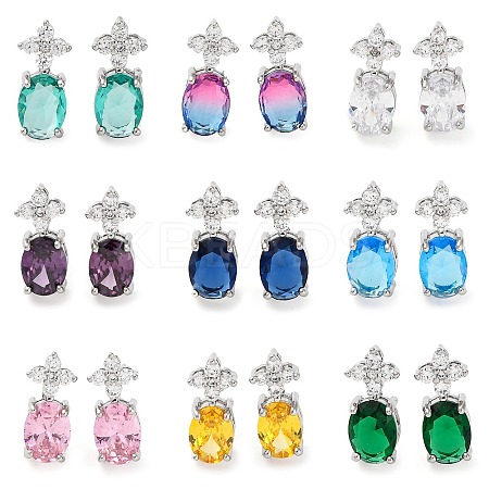 Brass Pave Cubic Zirconia Flower & Oval Stud Earrings for Women EJEW-I304-26P-1