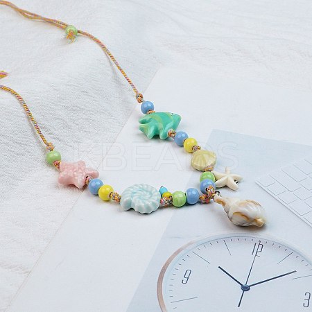 Ceramics Starfish Fish & Resin Shell Shape Pendant Adjustable Cotton Cord Necklaces for Women NJEW-Z100-01B-G-1
