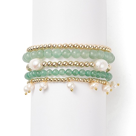 5Pcs 5 Style Natural Green Aventurine & Brass Beaded Stretch Bracelets Set BJEW-JB08870-03-1