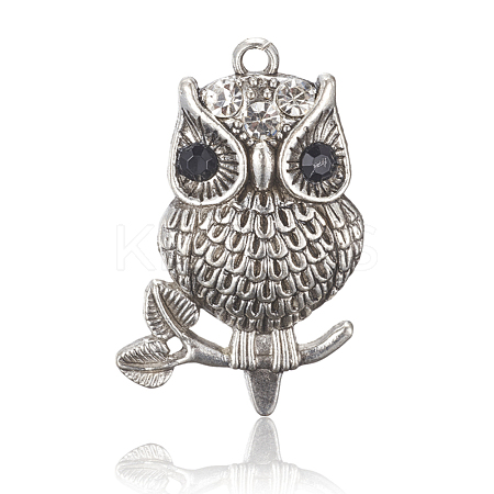 Antique Silver Alloy Rhinestone Owl Pendants for Halloween Jewelry ALRI-J060-01AS-1