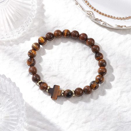 Natural Tiger Eye Cross Round Beaded Stretch Bracelets for Men Women BJEW-JB12258-01-1