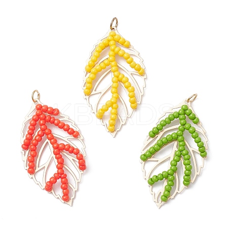 3Pcs 3 Colors Handmade Glass Seed Beaded Leaf Shape Pendants PALLOY-MZ00935-1