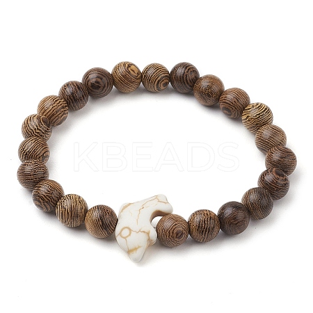 Synthetic Turquoise Dolphin Beads with Natural Wenge Wood Beaded Stretch Bracelets BJEW-JB10213-03-1