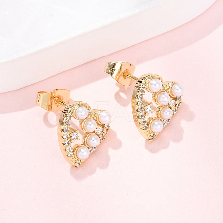 Heart Brass Micro Pave Clear Cubic Zirconia Stud Earrings EJEW-A152-03G-1