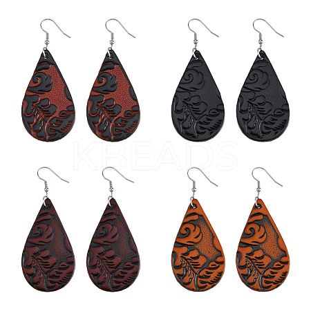 4 Pairs 4 Colors PU Leather Dangle Earrings with Steel Iron Pins EJEW-FI0003-09-1