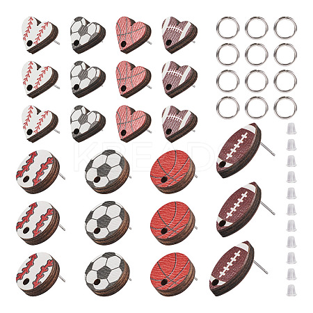 16Pcs 8 Style Baseball & Oval with Rugby & Heart Wood Stud Earring Findings WOOD-TA0001-95-1