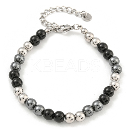 6mm Synthetic Non-magnetic Hematite & Glass & 304 Stainless Steel Round Beaded Bracelets for Women BJEW-G717-05P-1