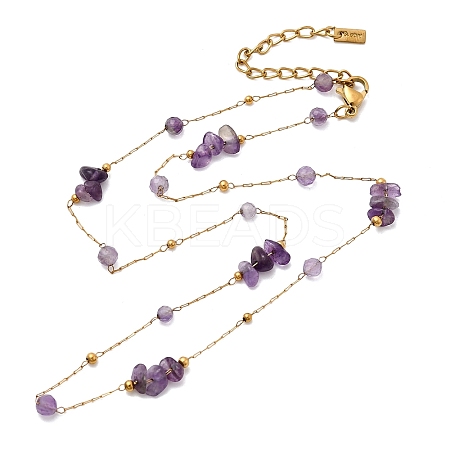 Natural Amethyst Chip 304 Stainless Steel Link Chain Necklaces for Women NJEW-K255-59G-1