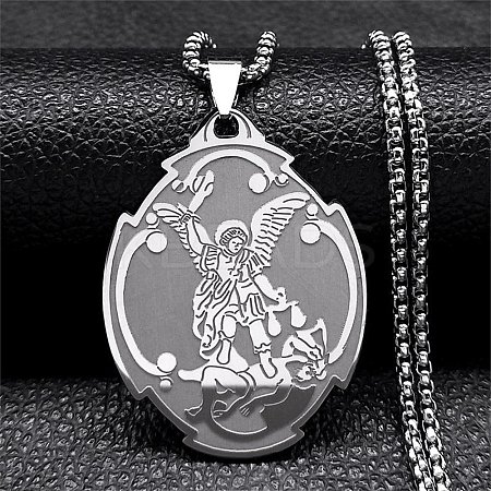 201 Stainless Steel Saint Saint Michael The Archangel Pendant Necklaces for Women NJEW-M105-02P-1