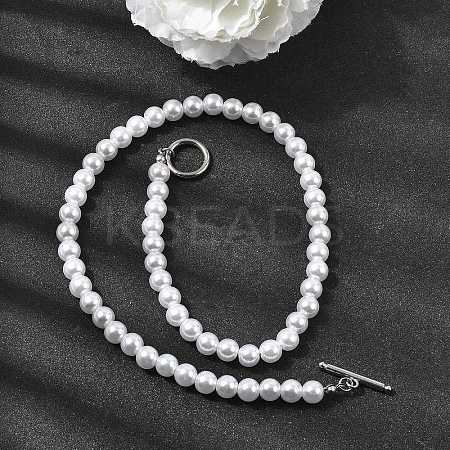 8MM White Round Plastic Pearl Beaded Necklaces for Women NJEW-L469-01P-1