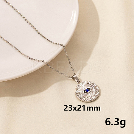 Stylish Stainless Steel Rhinestones Flat Round with Evil Eye Pendant Necklace QQ6499-9-1