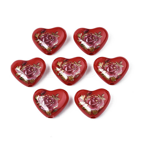 Flower Printed Opaque Acrylic Heart Beads SACR-S305-28-I03-1