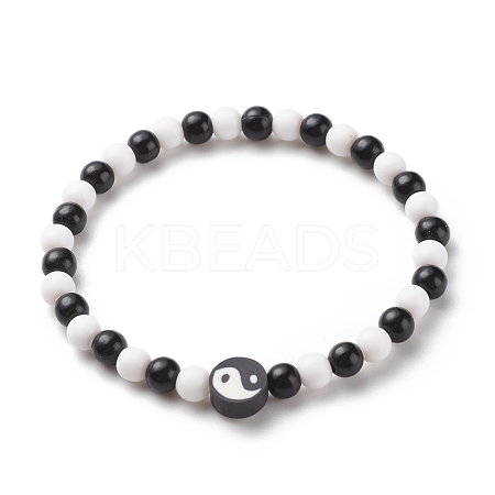 Polymer Clay Yin Yang & Acrylic Round Beaded Stretch Bracelet for Women BJEW-JB08529-1