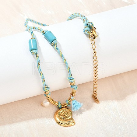 304 Stainless Steel Shell Shape Pendant Cotton Cord Necklaces NJEW-C093-05A-G-1