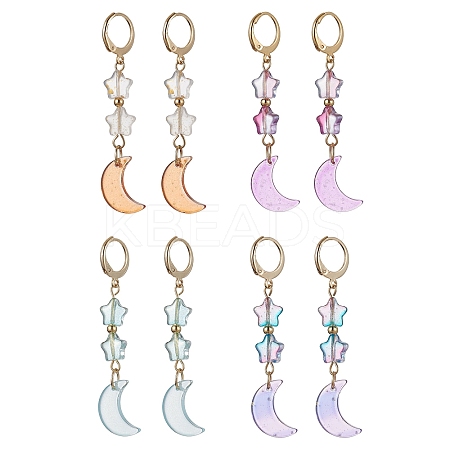 4 Pairs 4 Color Moon & Star Glass Dangle Leverback Earrings EJEW-JE05605-1