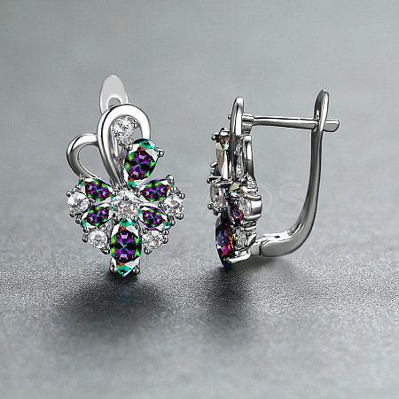 Brass Micro Pave Cubic Zirconia Flower Hoop Earrings WGA76CA-01-1