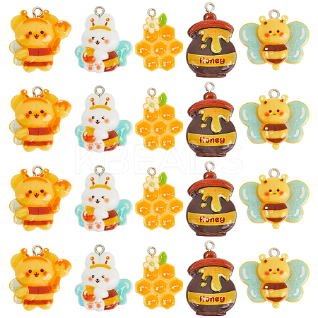 20Pcs 5 Styles  Bee Theme Opaque Resin Pendants RESI-SC0003-48-1