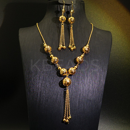 Alloy & Brass Round Beaded Tassel Pendant Necklaces & Hoop Earrings Sets FS-WGD59F5-03-1