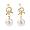 Clear Cubic Zirconia Knot with Plastic Pearl Dangle Earrings KK-E033-15G-1