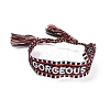 Word Gorgeous Polycotton(Polyester Cotton) Braided Bracelet with Tassel Charm LS-BJEW-F429-03-1