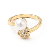 Clear Cubic Zirconia Heart Open Cuff Ring with Acrylic Pearl KK-E060-21G-2