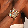 Alloy & Synthetic Turquoise & Natural Tiger Eye Beads Cuff Bangles FS-WGA88C7-01-3