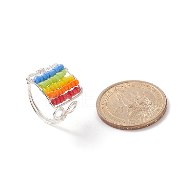 Glass Bead Braided Rectangle Open Cuff Ring RJEW-JR00489-1