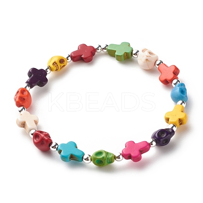 Synthetic Turquoise(Dyed) Cross & Skull Beaded Stretch Bracelet BJEW-JB08451-02-1