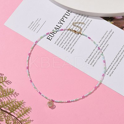 Alloy Cubic Zirconia Heart Pendant Necklace with Glass Seed Beaded Chains for Women NJEW-JN04291-1
