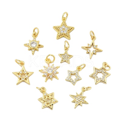 10Pcs 10 Styles Star Brass Micro Pave Clear Cubic Zirconia Charms KK-CJ0002-43-1