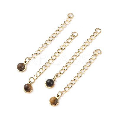 Ion Plating(IP) 316 Surgical Stainless Steel Curb Chain Extender with Natural  Tiger Eye Round Charm STAS-A097-01G-01-1