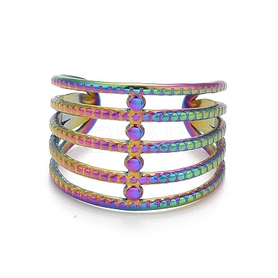 Rainbow Color Ion Plating(IP) 304 Stainless Steel Chunky Open Cuff Ring for Women RJEW-A005-35MC-1