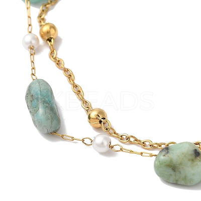 Nuggets Natural Amazonite & Imitation Pearl Multi-Strand Anklets BJEW-P326-04B-G-1