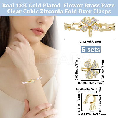 6 Sets Rack Plating Flower Brass Pave Clear Cubic Zirconia Fold Over Clasps KK-BBC0021-28-1