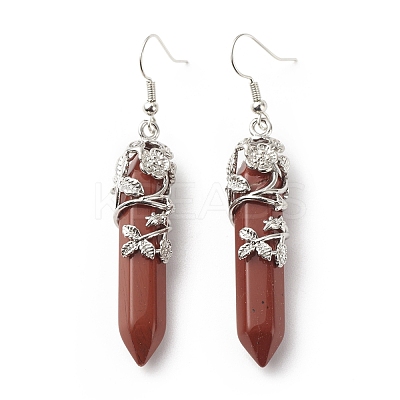 Natural Red Jasper Bullet with Flower Dangle Earrings EJEW-G300-02P-10-1