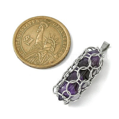 Natural Mixed Stone Stainless Steel Ring Wrapped Pointed Pendants PALLOY-JF02496-02-1