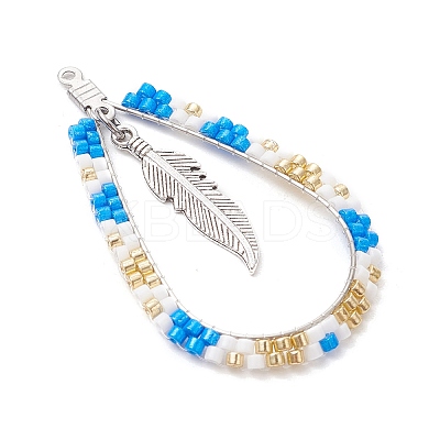 Bohemia Style Glass Seed Beaded Teardrop with Feather Pendants PALLOY-MZ00589-01-1