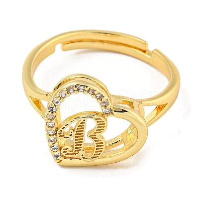 Heart with Letter Rack Plating Brass Micro Pave Cubic Zirconia Adjustable Rings for Women RJEW-I105-06G-B-1