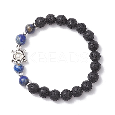 Natural Lava Rock & Mixed Gemstone Beads Stretch Bracelets BJEW-JB12869-1