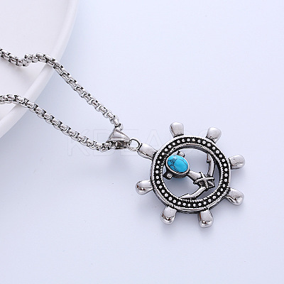 Stylish Stainless Steel Synthetic Turquoise Ship Wheel Pendant Punk Necklaces for Men's Fashion SI8136-2-1