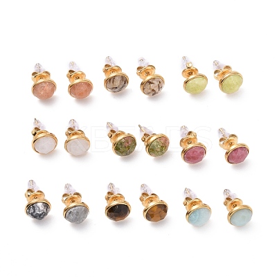 Ion Plating(IP) Natural Gemstone Flat Round Stud Earrings EJEW-G313-01G-1