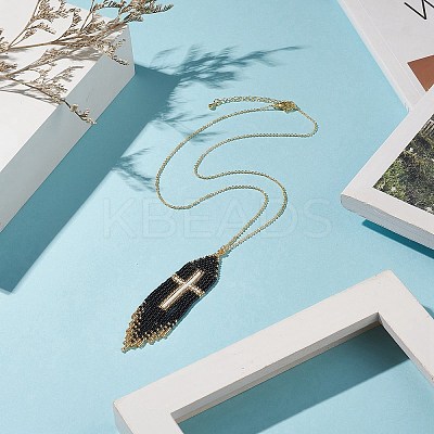 Glass Seed Beaded Cross Tassel Pendant Necklaces NJEW-MZ00011-01-1