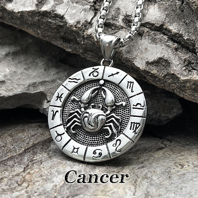 Flat Round with Engraved Twelve Constellation Alloy Pendant Necklace for Women Men WG25F4B-03-1