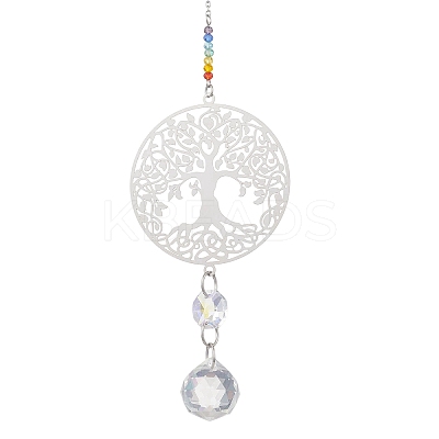 201 Stainless Steel Tree of Life Shape & Rainbow Crystal Glass Hanging Suncatcher HJEW-JM04680-1