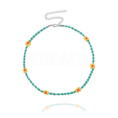Bohemian Daisy Flower Glass Seed Beaded Necklaces with Alloy End Chains FS-WGC49A6-14-1
