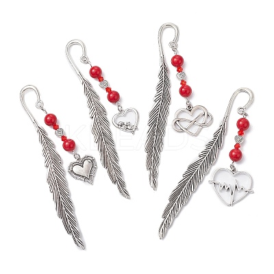 Valentine's Day Alloy Heart Pendant Bookmarks AJEW-JK00270-1