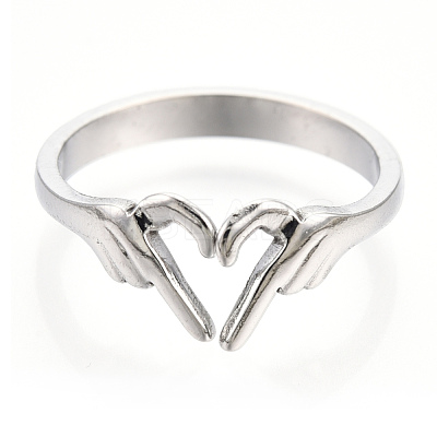 Non-Tarnish 304 Stainless Steel Hand Heart Cuff Rings RJEW-N038-121P-1