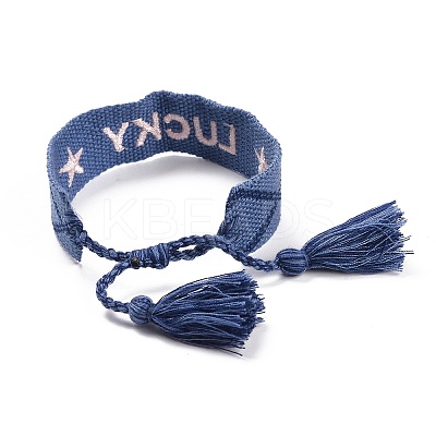 Word Lucky Polycotton(Polyester Cotton) Braided Bracelet with Tassel Charm LS-BJEW-F429-08-1
