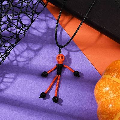 Halloween Theme Skeleton Glass Seed Beaded & Natural Black Onyx(Dyed & Heated) & Skull Dyed Synthetic Turquoise Pendant Necklaces NJEW-MZ00117-1